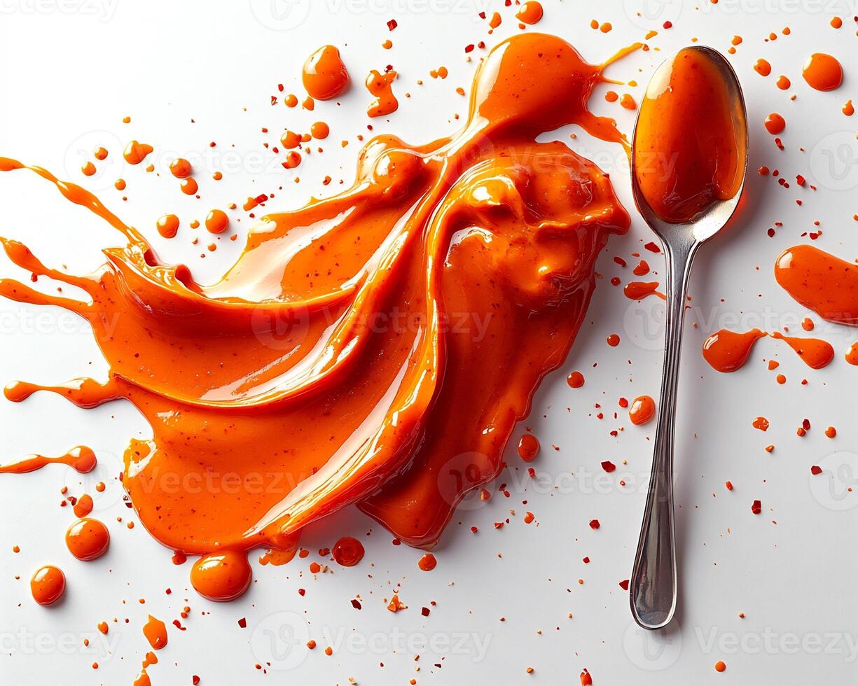 Bold fiery periperi sauce splashed onto a white background with a spoon beside it photo