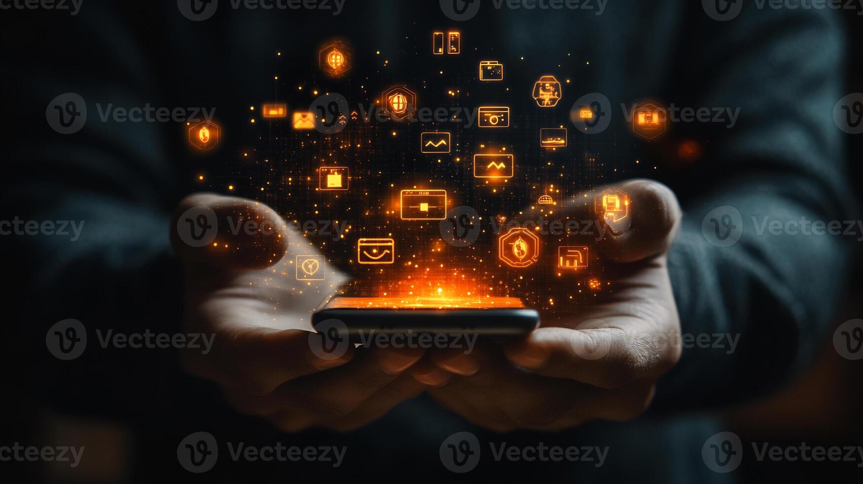 Businessman holding mobile phone with glowing digital wallet surrounded by financial icons and futuristic currency symbols Vibrant online payment and smart banking innovation photo