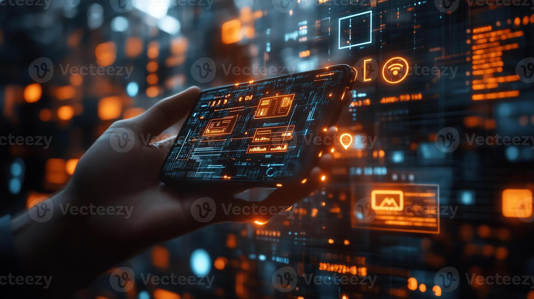Businessman holding mobile phone with glowing digital wallet surrounded by financial icons and futuristic currency symbols Vibrant online payment and smart banking innovation photo