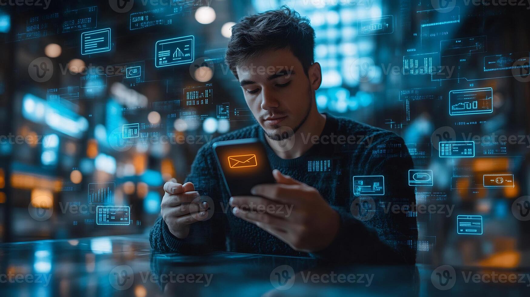 Businessman holding mobile phone with glowing digital wallet surrounded by financial icons and futuristic currency symbols Vibrant online payment and smart banking innovation photo