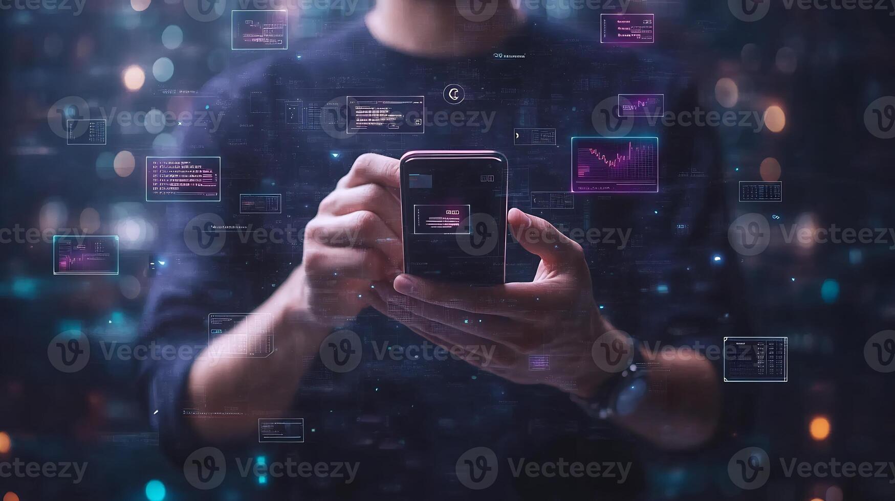 Businessman managing digital wallet on a mobile phone surrounded by futuristic currency icons techinspired financial transactions and smart banking innovation photo