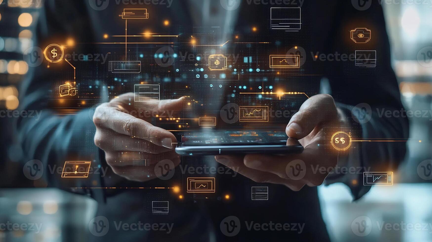 Businessman managing digital wallet on a mobile phone surrounded by futuristic currency icons techinspired financial transactions and smart banking innovation photo