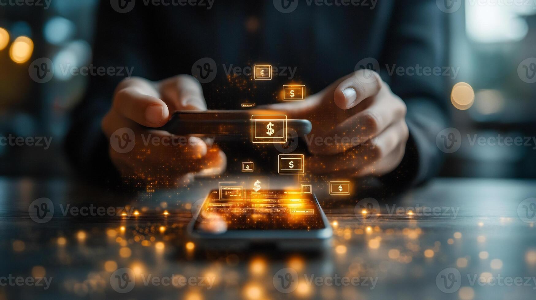 Businessman managing digital banking transactions a mobile phone with glowing currency symbols and techinspired payment icons Smart financial innovation in ebusiness photo