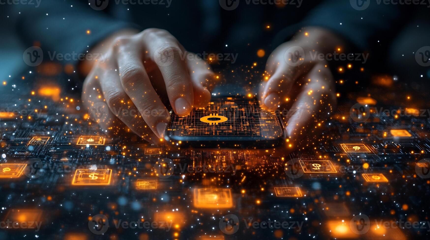 Businessman using digital wallet on a mobile phone surrounded by glowing currency symbols and techdriven financial technology Futuristic economy and smart transactions photo