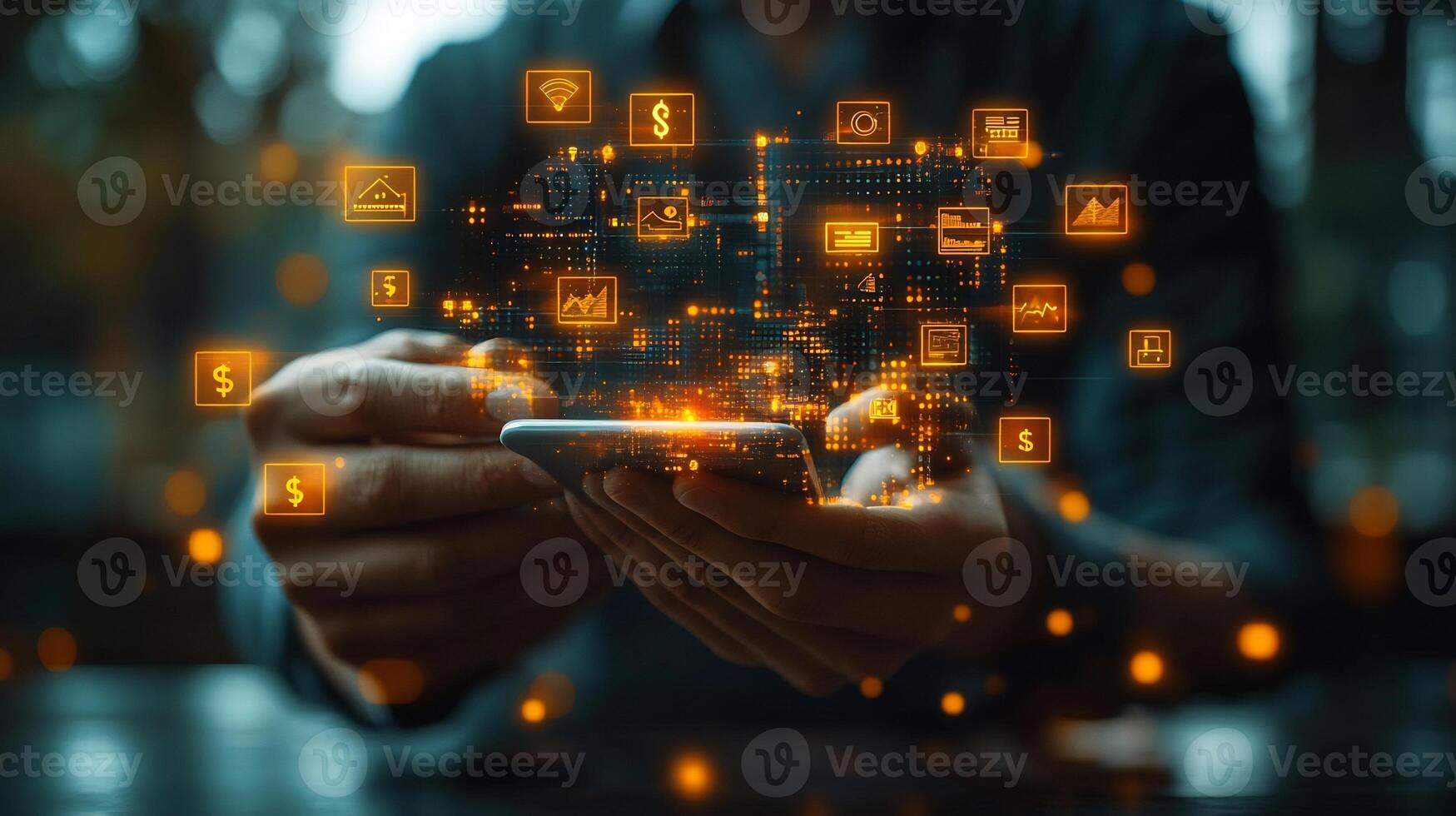 Businessman using digital wallet on a mobile phone surrounded by glowing currency symbols and techdriven financial technology Futuristic economy and smart transactions photo