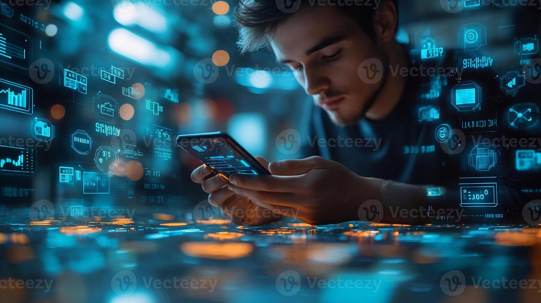 Businessman using digital wallet on a mobile phone surrounded by glowing currency symbols and techdriven financial technology Futuristic economy and smart transactions photo