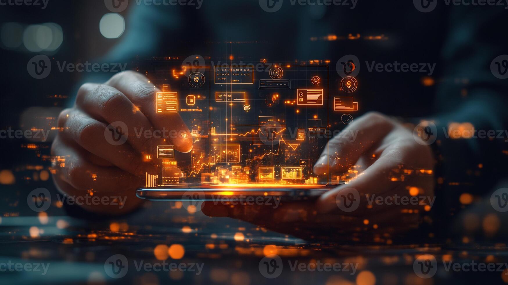 Businessman using mobile digital wallet with glowing techinspired icons currency and smart financial transactions Modern online payment and ebusiness concept photo