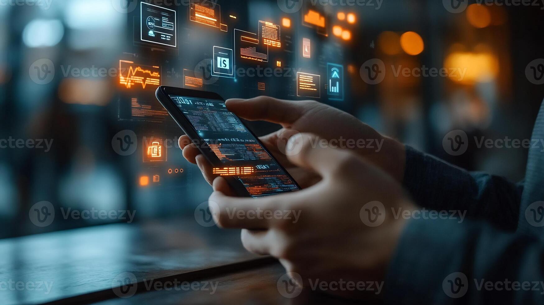 Businessman using mobile digital wallet with glowing techinspired icons currency and smart financial transactions Modern online payment and ebusiness concept photo