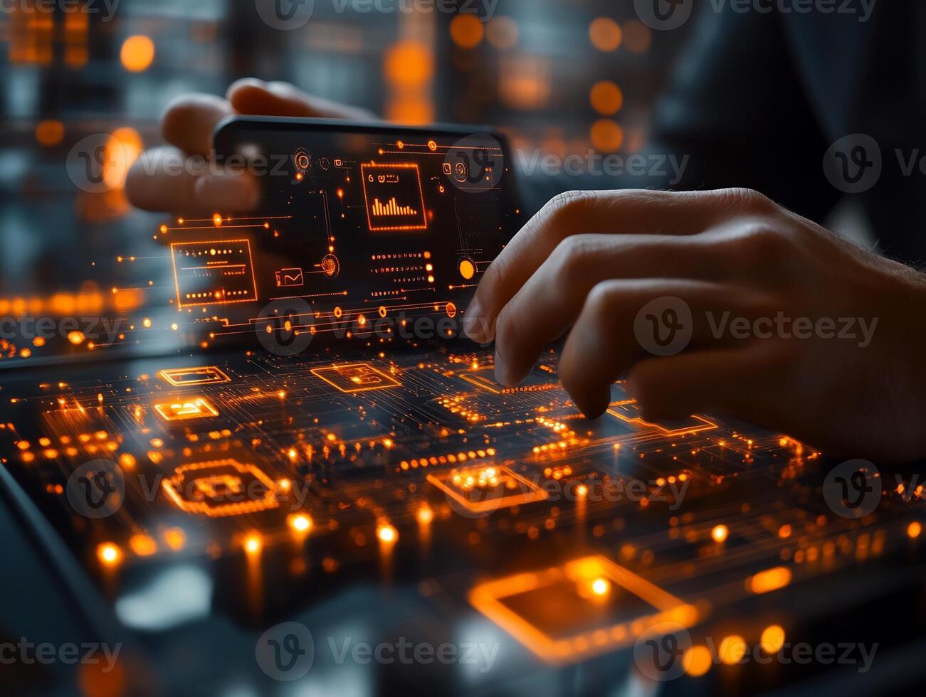 Businessman using mobile digital wallet with futuristic icons representing financial technology currency and economic transactions Techdriven payment concept with innovation photo