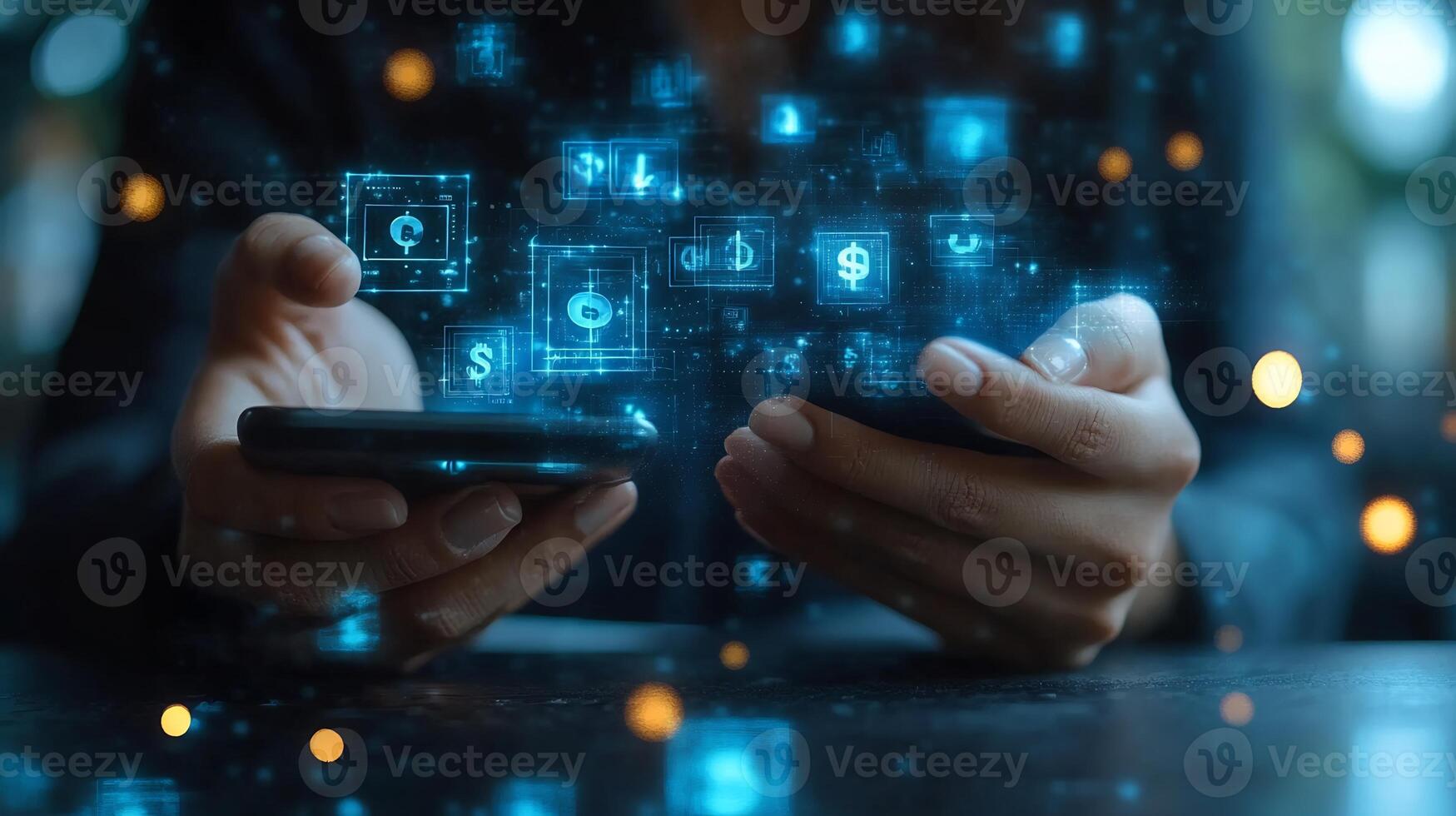 Businessman using mobile phone with a digital wallet glowing currency icons financial transactions and futuristic ebusiness technology Smart finance and vibrant economy photo