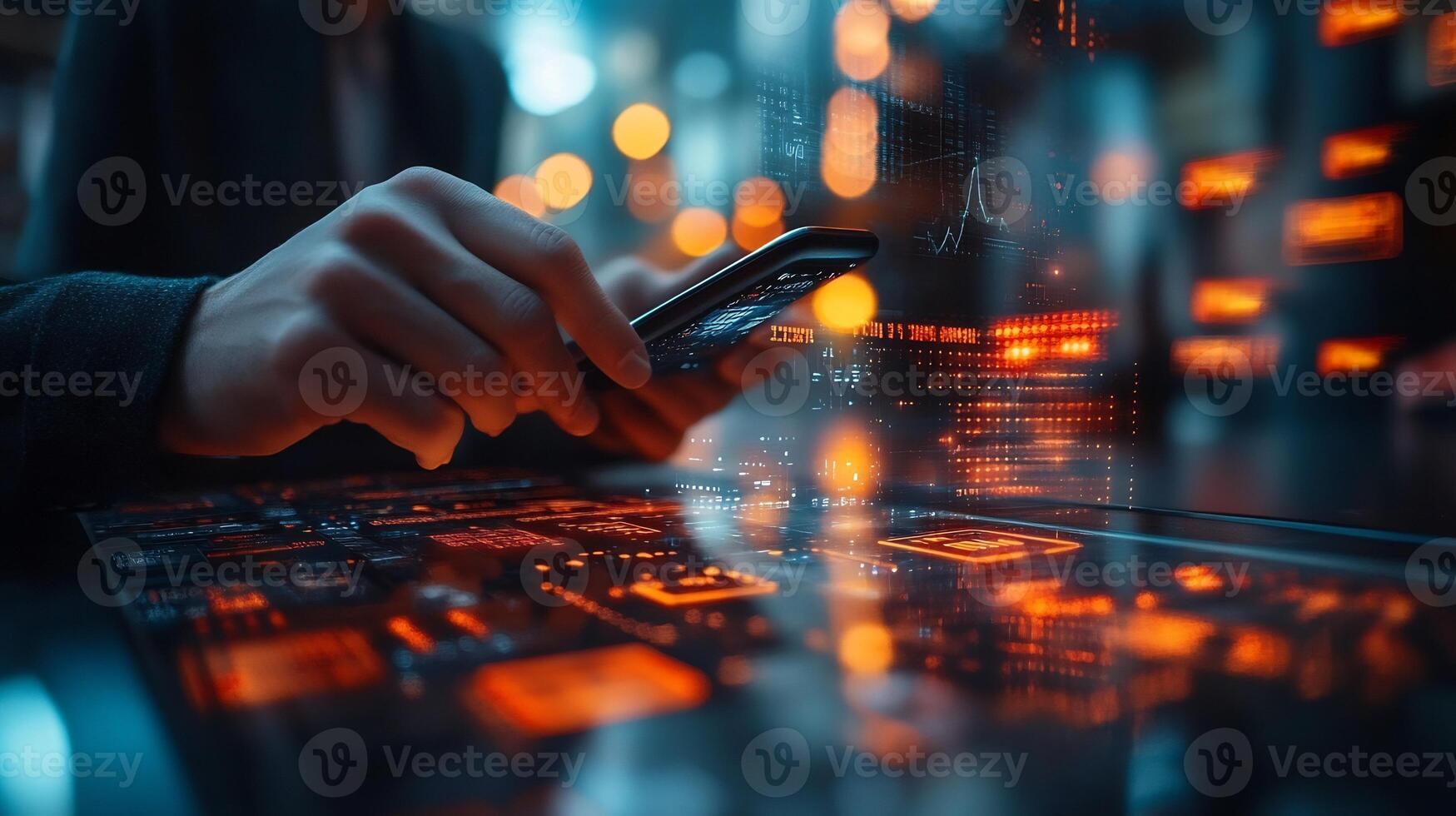 Businessman using mobile phone with a digital wallet glowing currency icons financial transactions and futuristic ebusiness technology Smart finance and vibrant economy photo