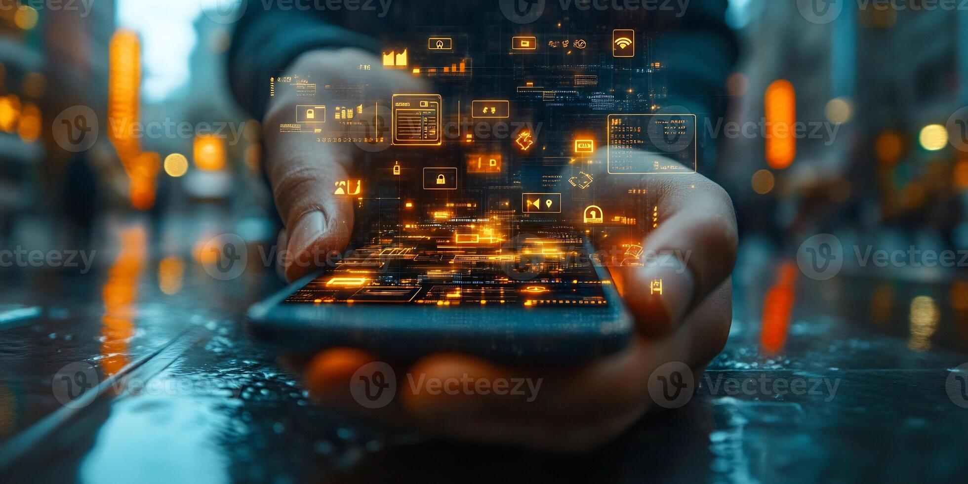 Businessman using smartphone digital wallet with glowing currency symbols and financial transaction icons Futuristic online banking and smart ebusiness innovation photo