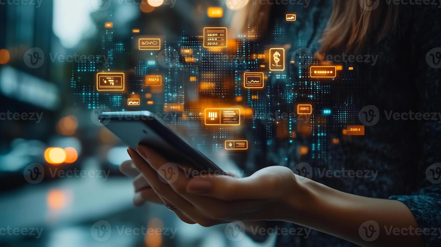 Businessman using mobile phone digital wallet with glowing currency symbols financial transaction icons and vibrant online payment technology Futuristic economy and smart banking photo