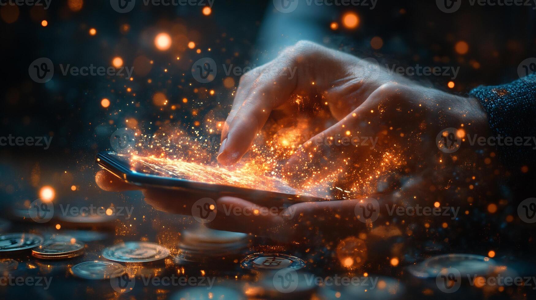 Businessman using mobile phone digital wallet with glowing currency symbols financial transaction icons and vibrant online payment technology Futuristic economy and smart banking photo