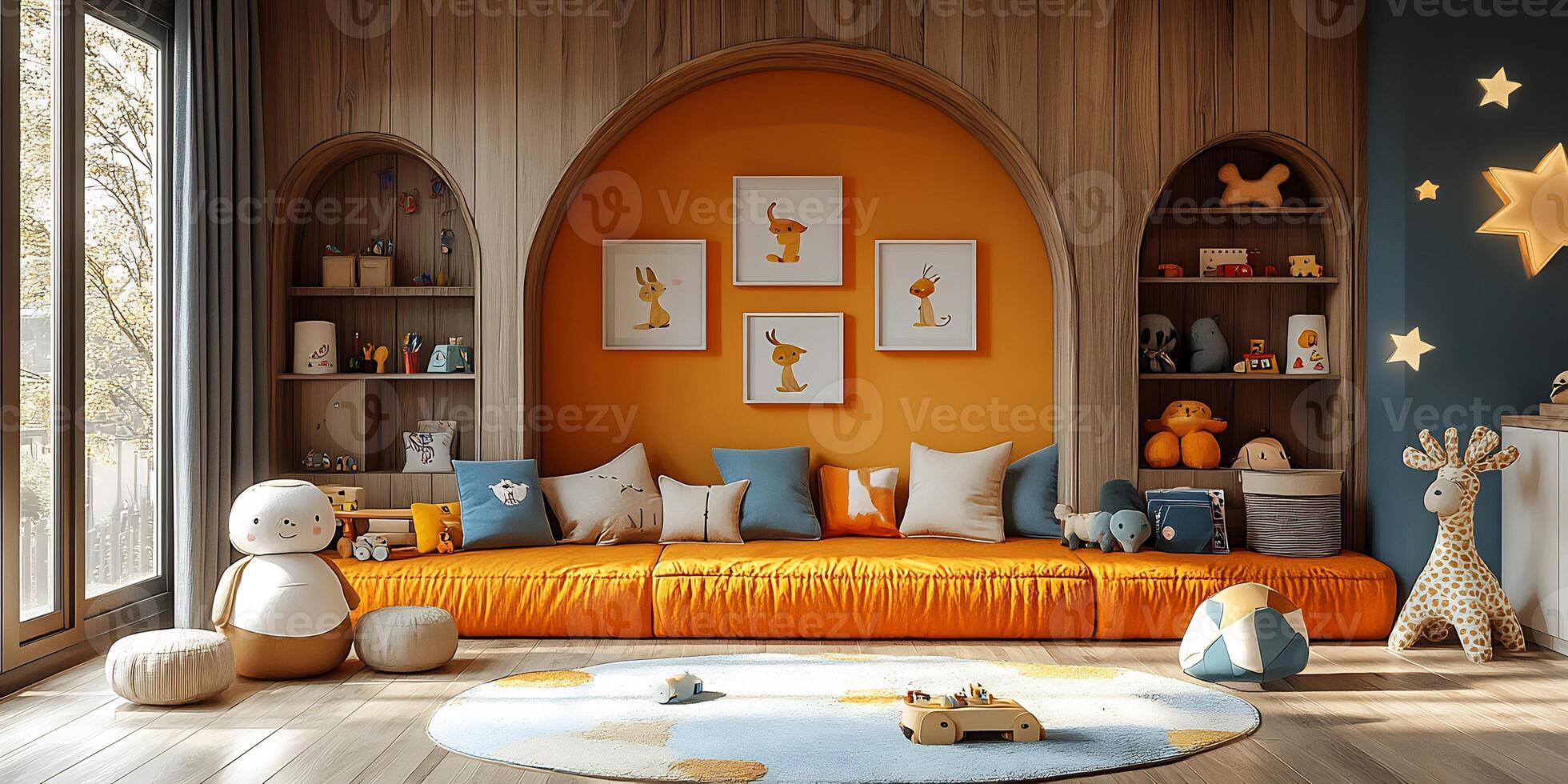 Childrens room featuring modern Scandinavian design wooden furniture colorful retroinspired art and toys photo
