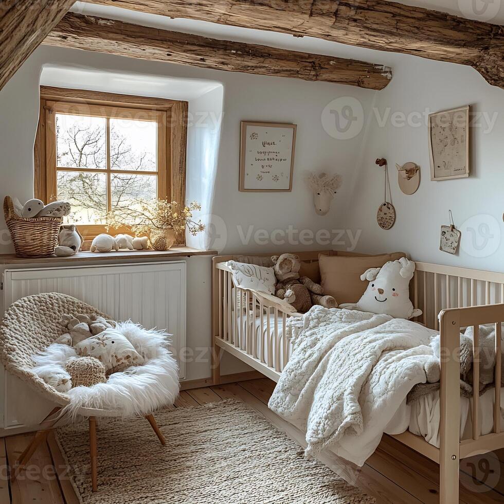 Childrens room a Scandinavian farmhouse vibe featuring white walls wooden furniture and cozy unisex decor photo
