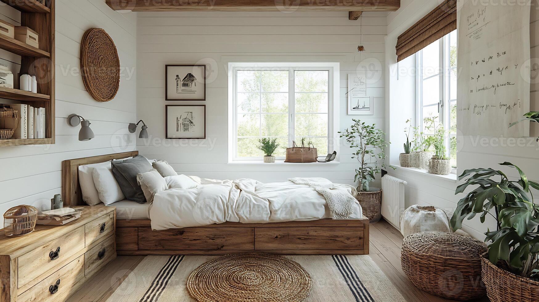 Cozy childrens room farmhouse design white walls and wooden furniture featuring minimalistic decor photo