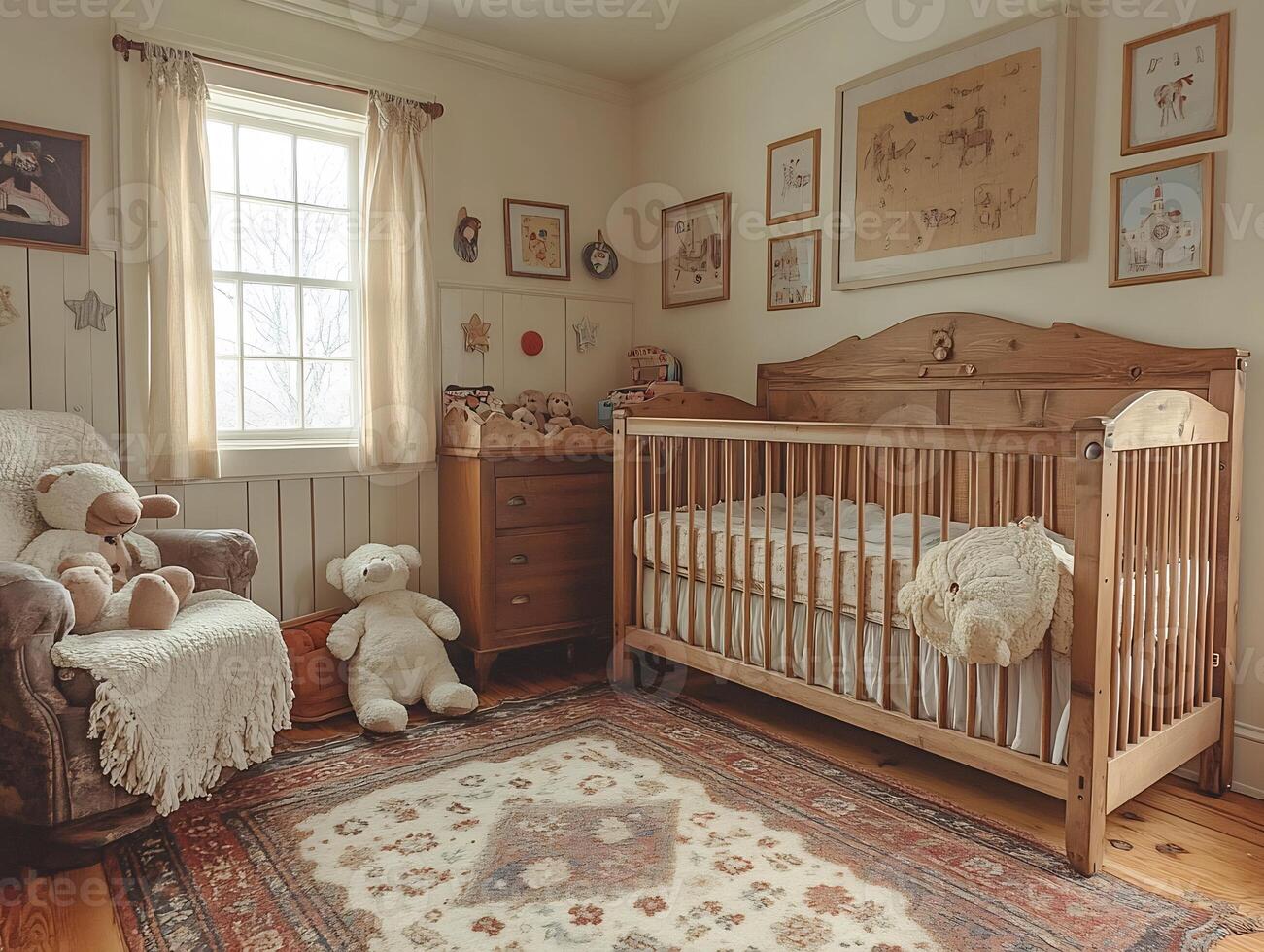 Cozy farmhousestyle childrens room wooden crib and modern Scandinavian design decorated with vintage toys and art photo