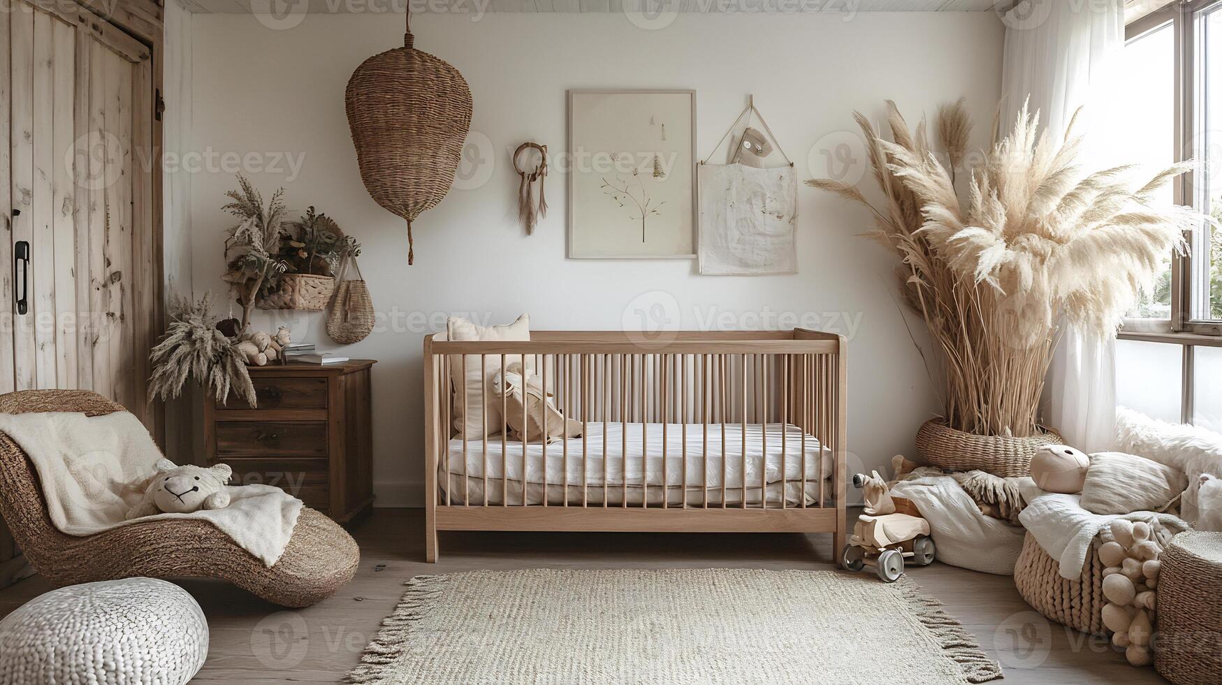 Cozy nursery unisex design white walls wooden crib and minimalist toys perfect for newborns photo