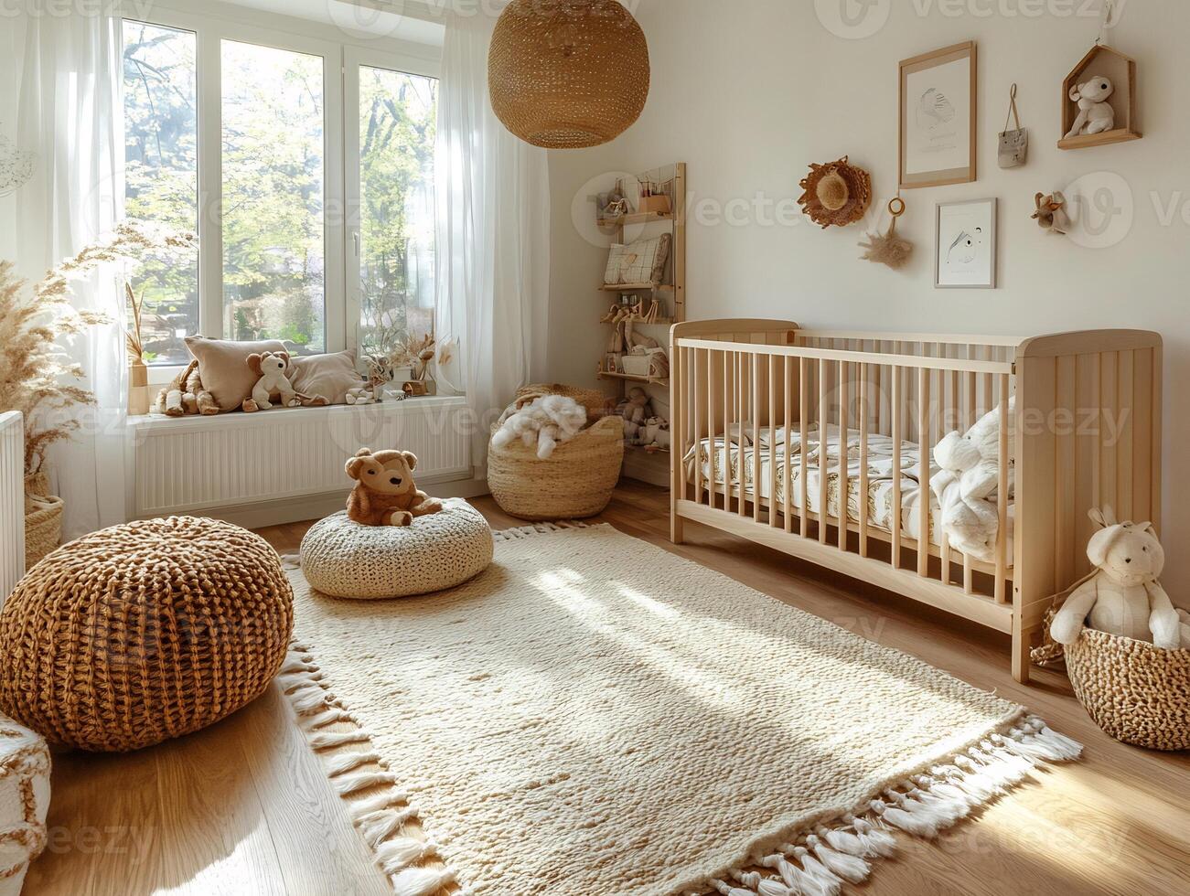 Cozy nursery Scandinavian white interior wooden crib and vintage decor featuring natural toys photo