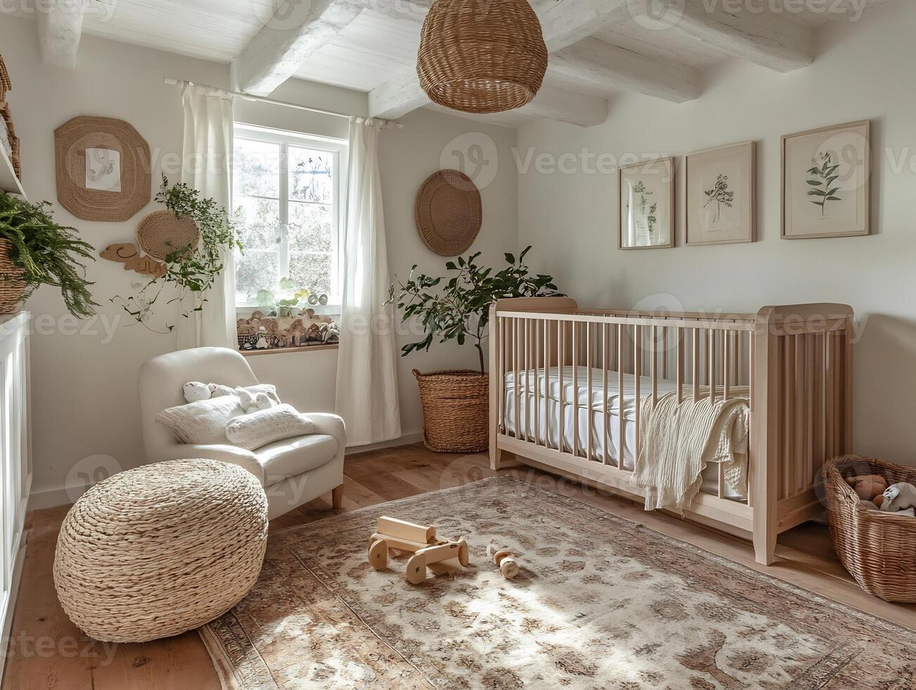 Cozy nursery Scandinavian white interior wooden crib and vintage decor featuring natural toys photo