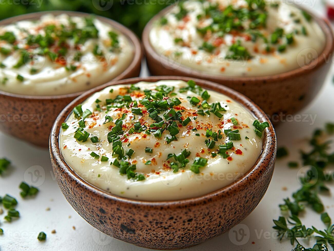 Creamy ranch sauce a small bowl with a drizzle of sauce splashed on the white background photo