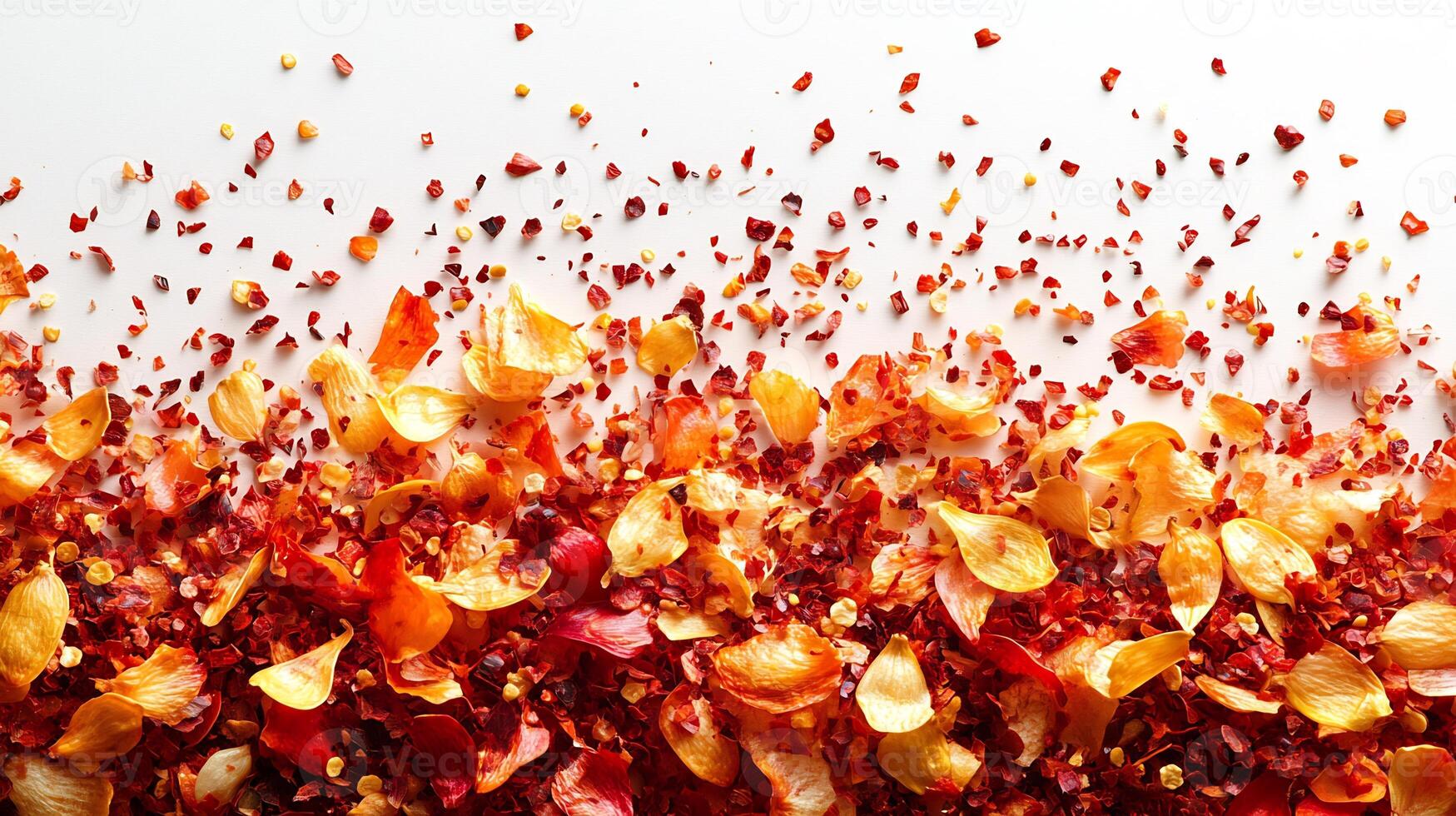 Crushed red pepper flakes forming bold scattered texture across a white background photo