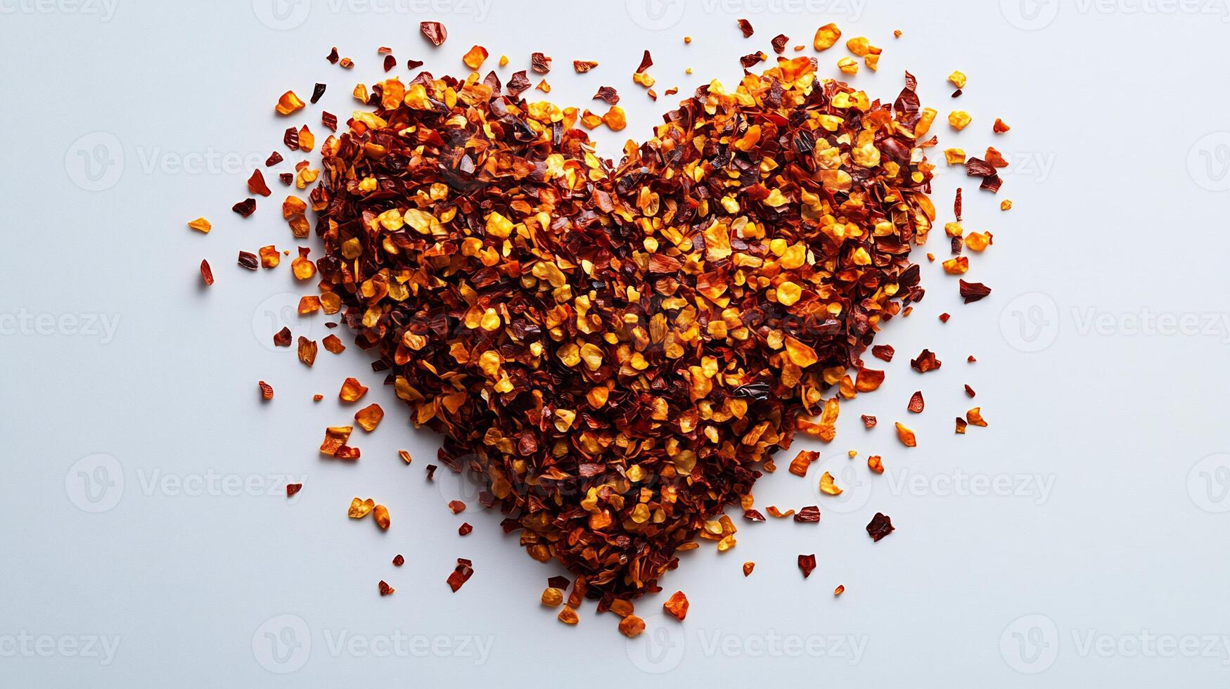 Crushed chili flakes forming heart shape on a white background spicy and artistic photo