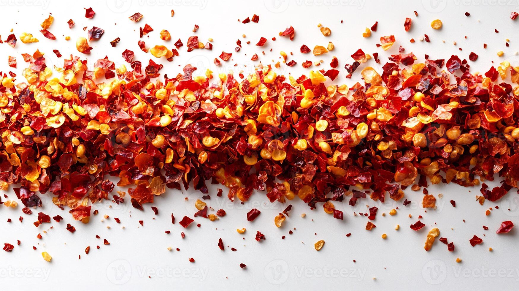 Crushed red pepper flakes forming bold scattered texture across a white background photo
