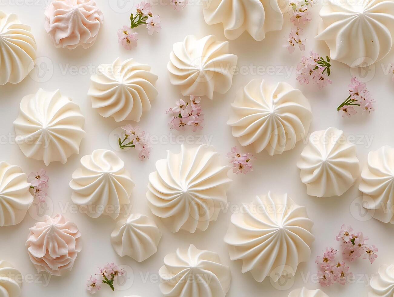 Delicate meringue cookies scattered a white background showcasing their light and airy texture photo