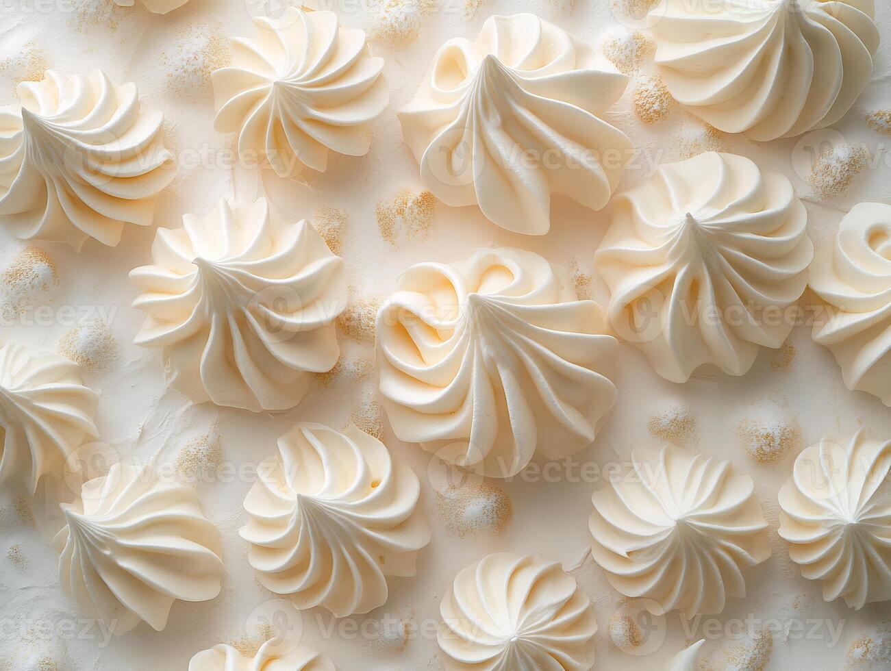 Delicate meringue cookies scattered a white background showcasing their light and airy texture photo