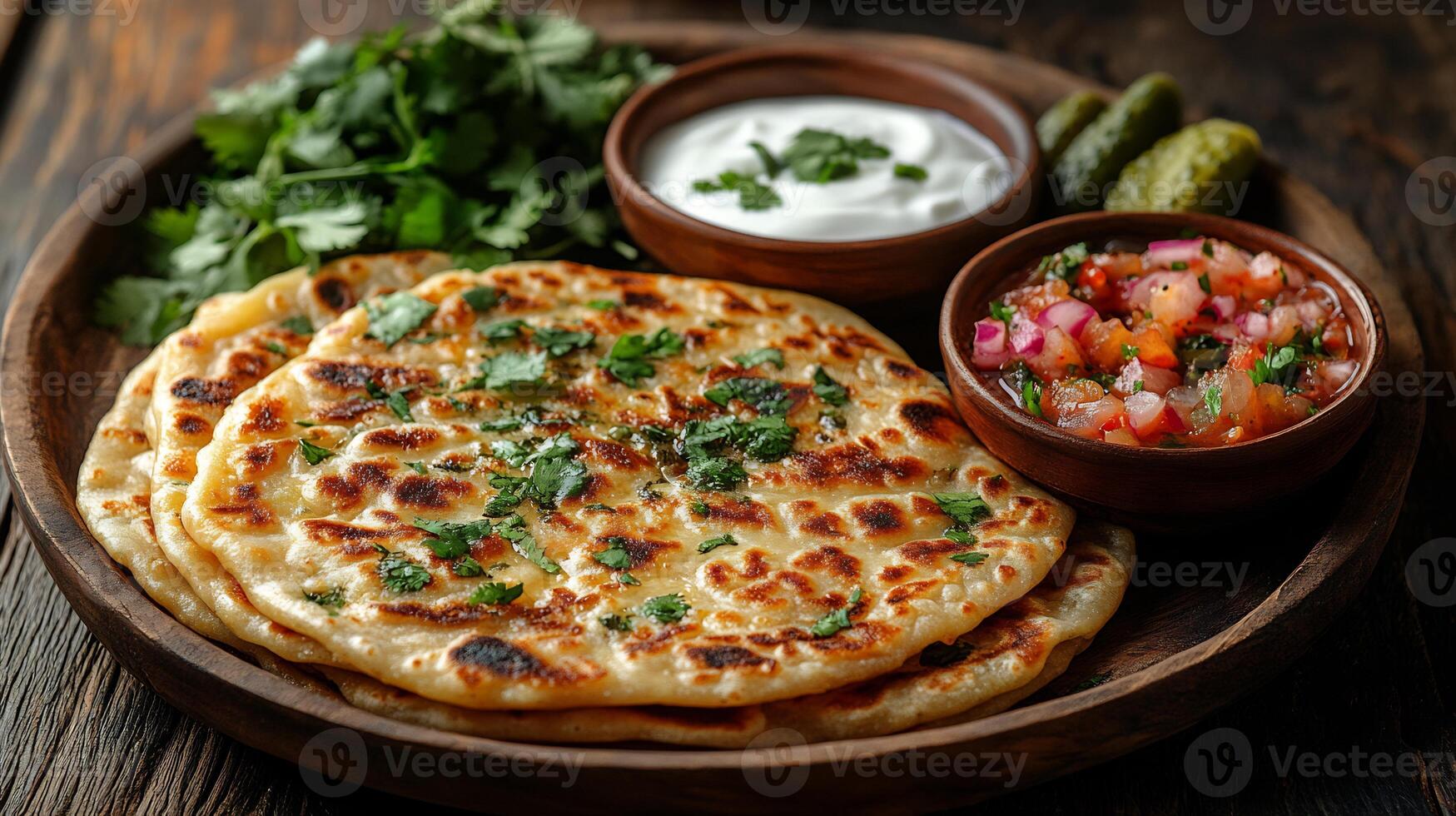 Deliciously spiced Indian keema paratha served fresh yogurt and pickles on a rustic wooden table photo
