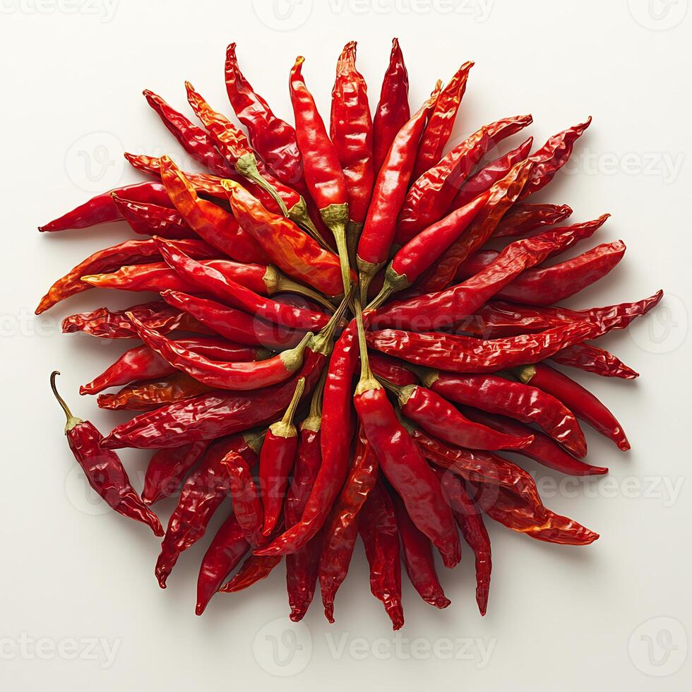 Dried chili peppers arranged a fan shape on a pure white background highlighting their intense heat photo