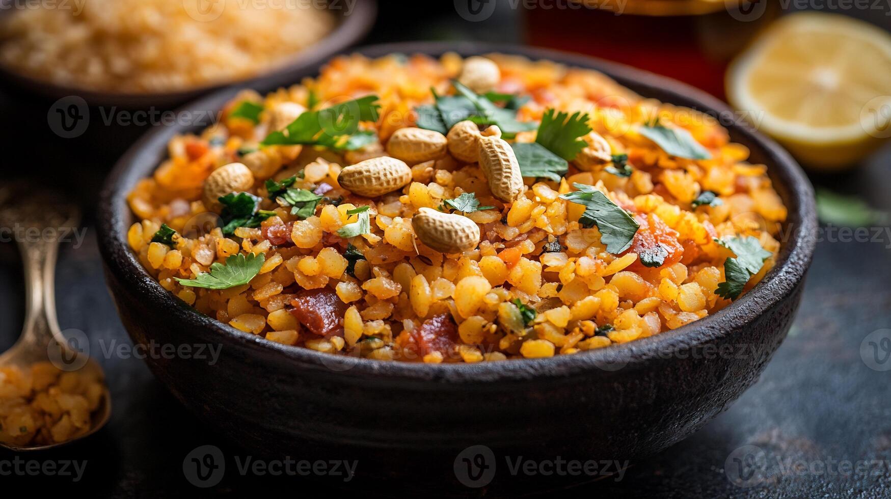 Fluffy poha garnished peanuts curry leaves and lemon served with sev and a side of chai photo