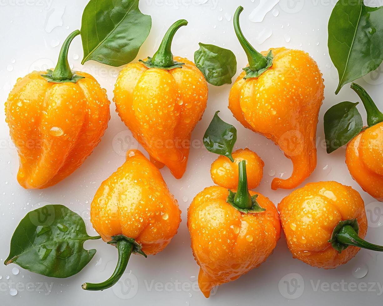 Fresh habanero peppers scattered a white background with droplets of water showing their freshness photo