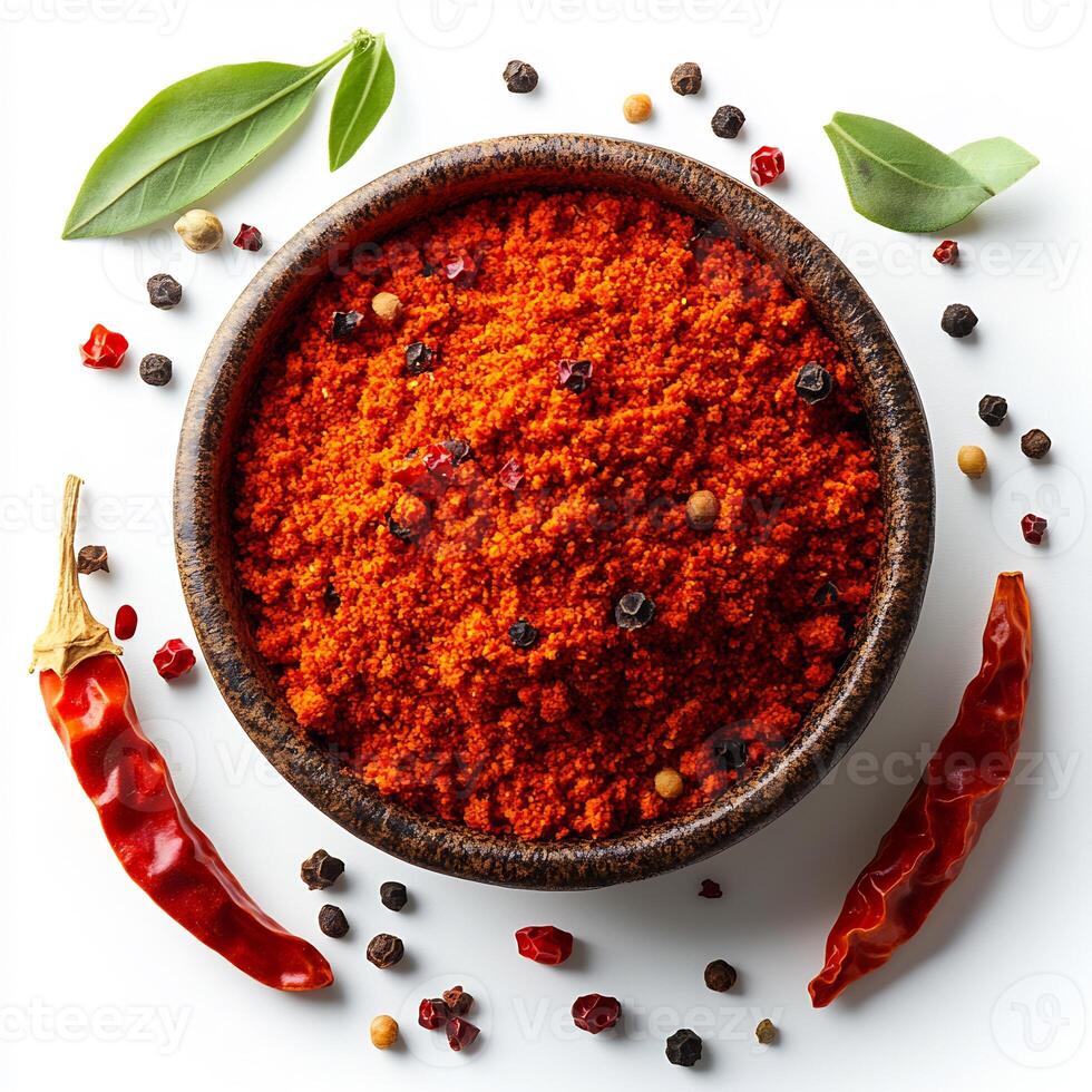 Freshly ground cayenne pepper spread out loosely a white background bold and vibrant in color photo