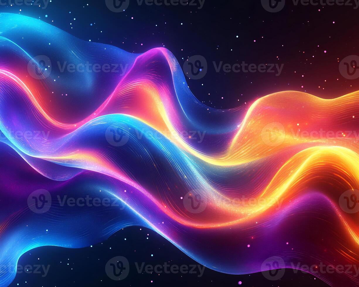 Futuristic digital background vibrant neon lights flowing waves geometric shapes and gradient colors Techinspired modern design with glowing spectrum and sleek texture photo