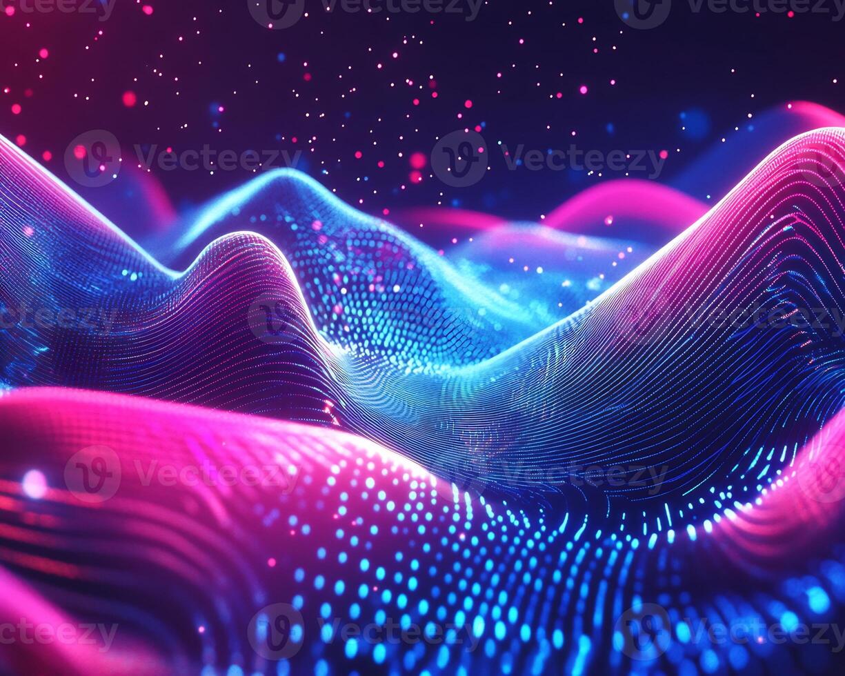 Futuristic digital pattern flowing neon light vibrant blue and pink hues geometric shapes and dynamic motion Sleek techinspired design with threedimensional energy photo