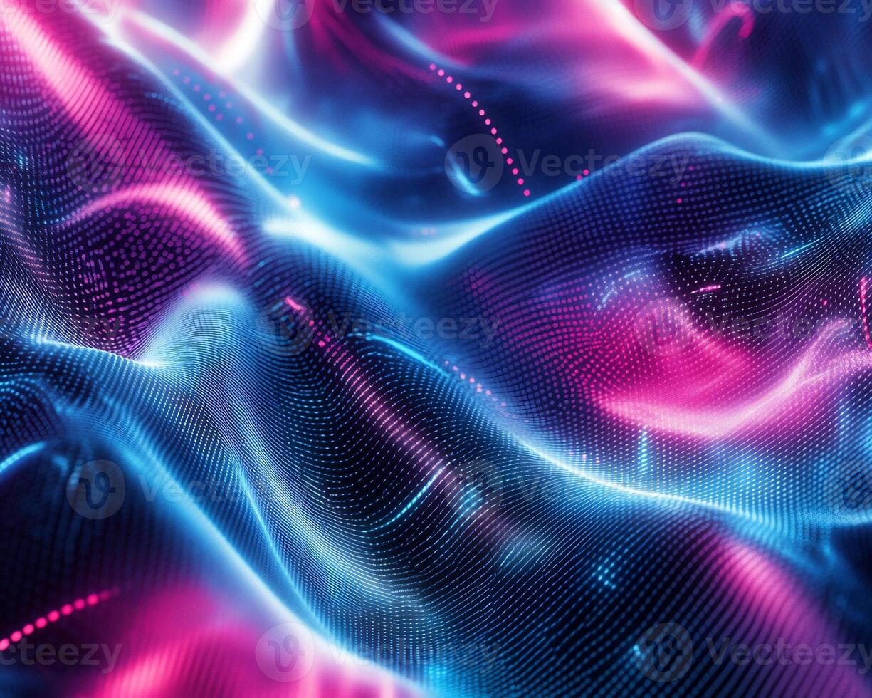 Futuristic digital pattern flowing neon light vibrant blue and pink hues geometric shapes and dynamic motion Sleek techinspired design with threedimensional energy photo
