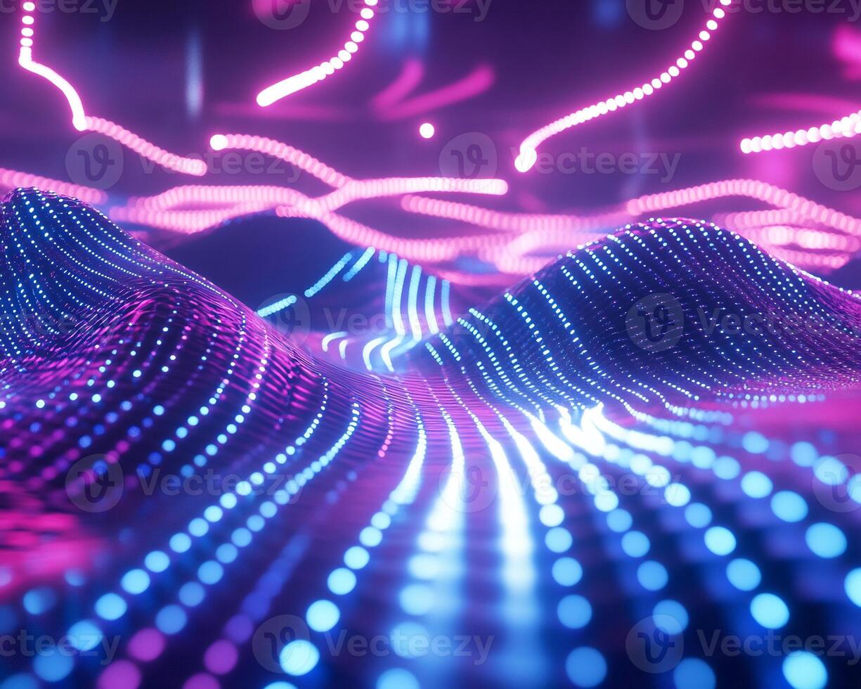 Futuristic digital pattern flowing neon light vibrant blue and pink hues geometric shapes and dynamic motion Sleek techinspired design with threedimensional energy photo