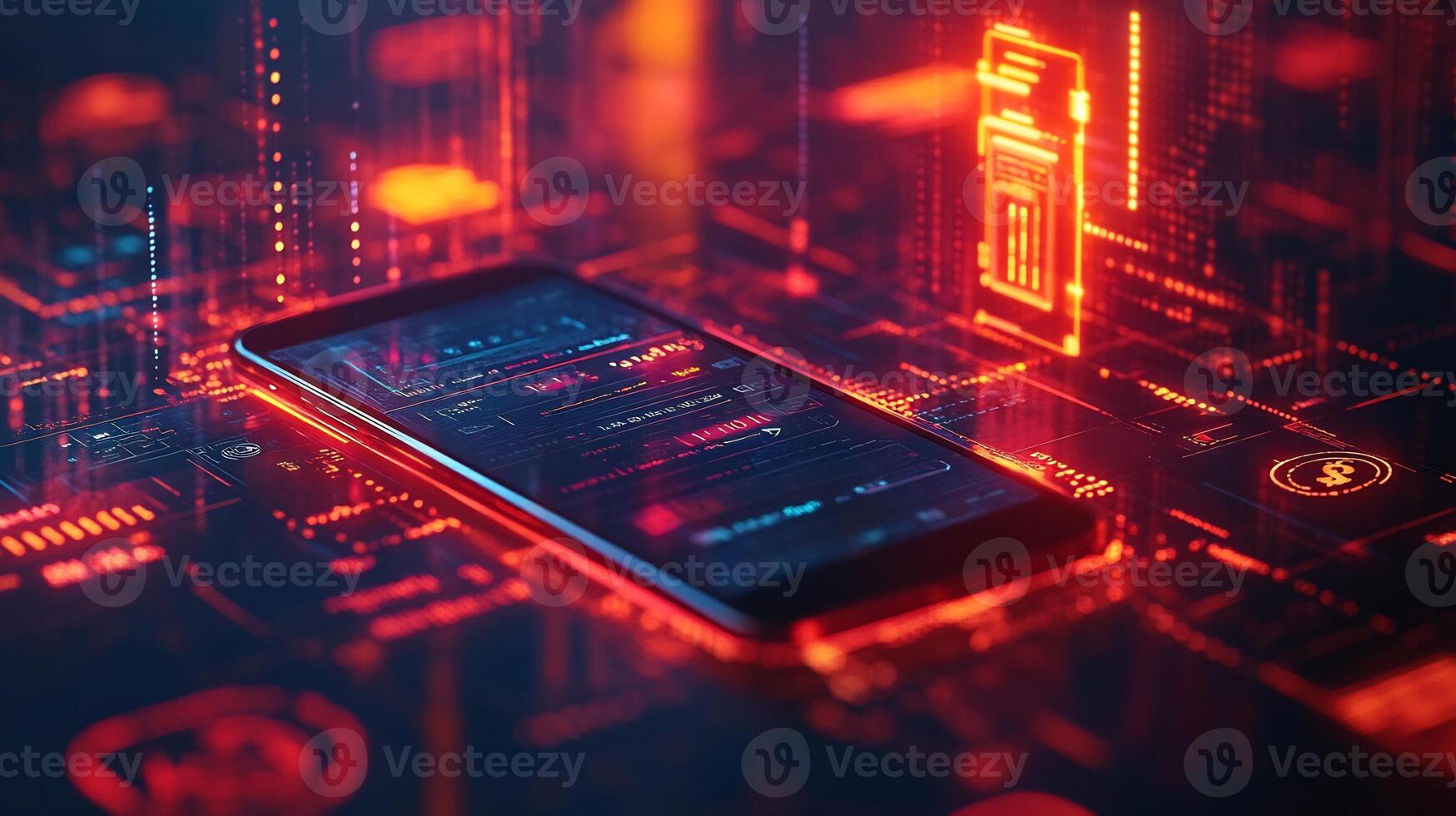Futuristic mobile wallet interface a digital screen surrounded by online transaction symbols financial technology and glowing currency icons Smart banking and ebusiness design photo