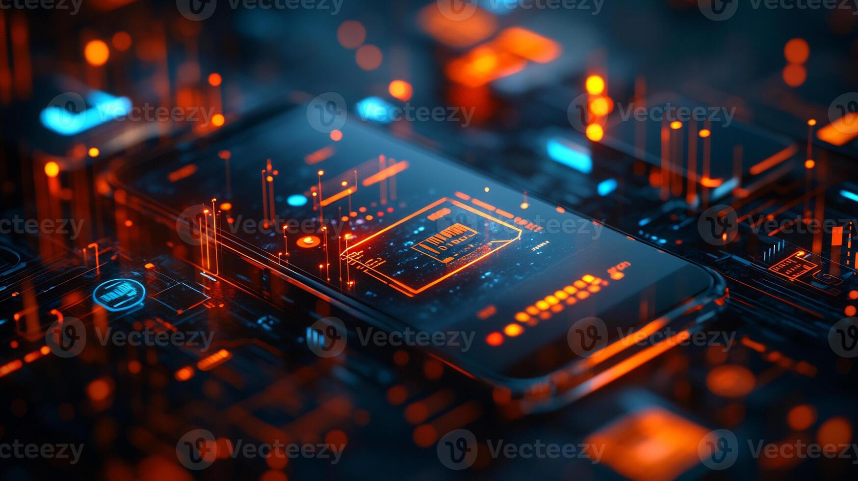 Futuristic mobile wallet interface a digital screen surrounded by online transaction symbols financial technology and glowing currency icons Smart banking and ebusiness design photo