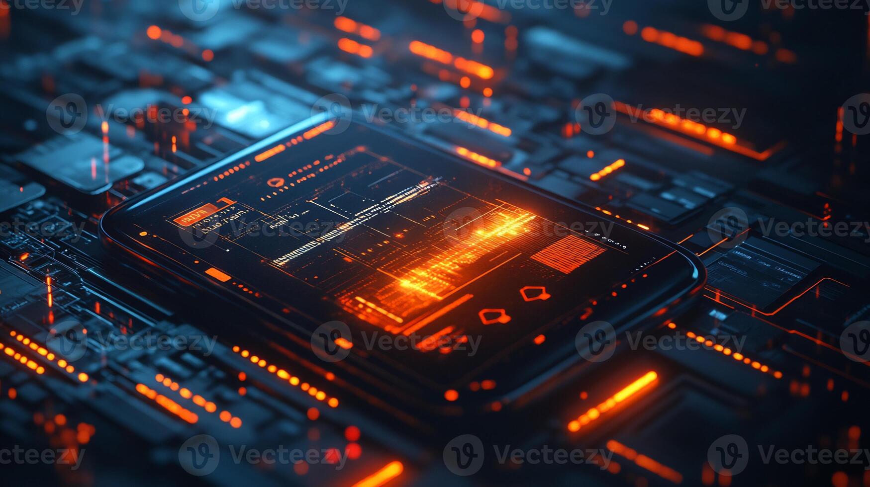 Futuristic mobile phone digital billfold interface glowing financial icons and techinspired background Vibrant design showcasing online banking digital transactions and ecommerce photo