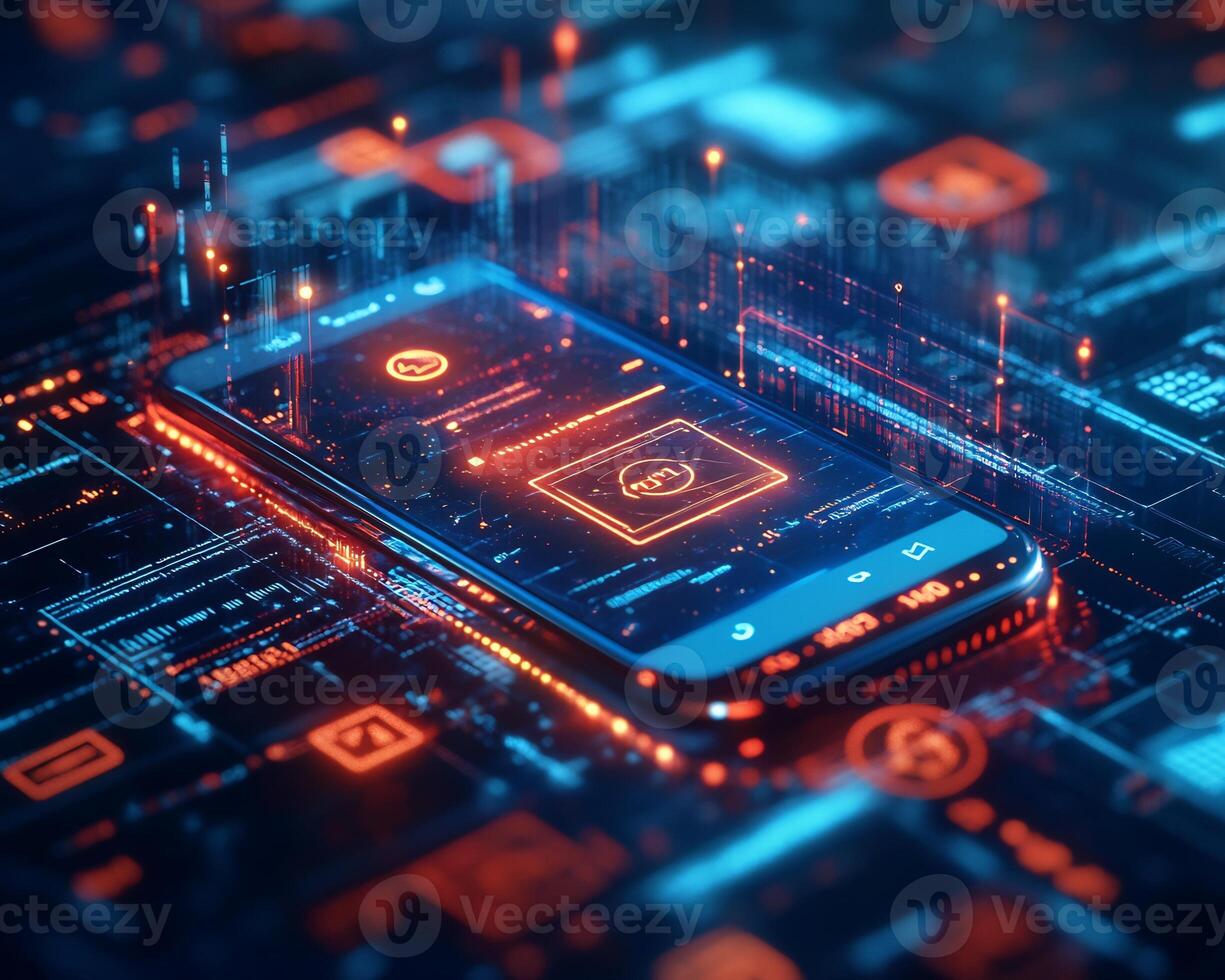 Futuristic mobile wallet a digital screen surrounded by economic icons banking transactions and vibrant currency graphics Online business and smart financial innovation photo