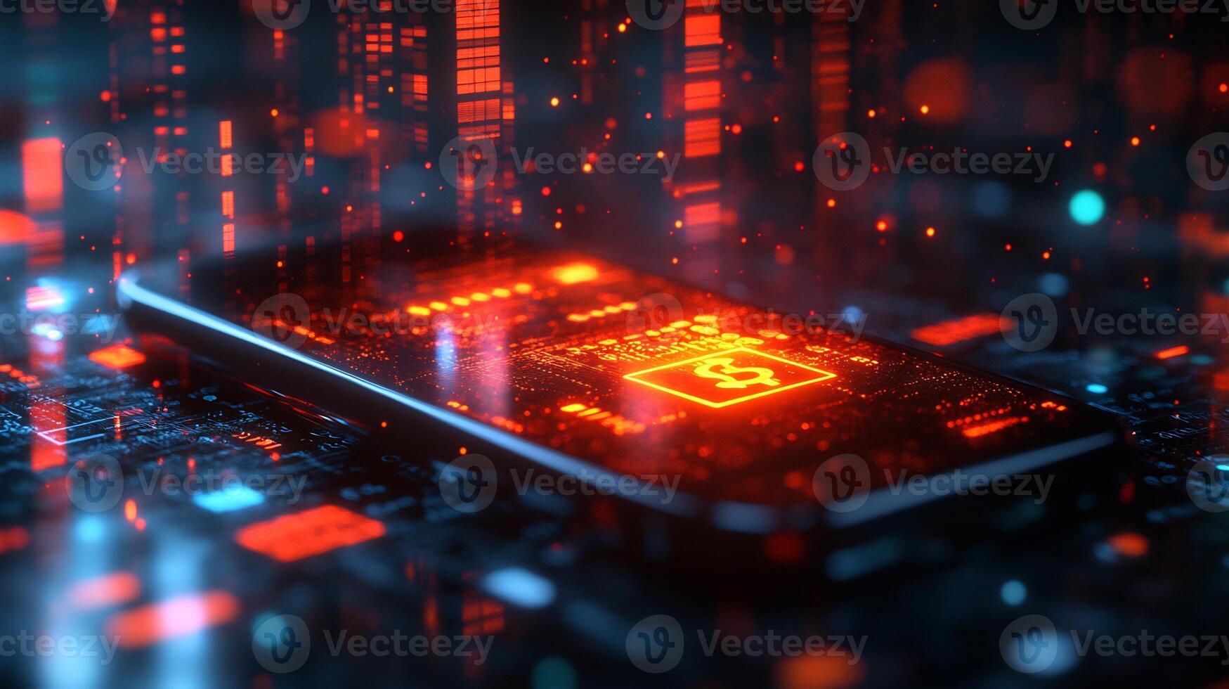 Glowing digital wallet a mobile device vibrant currency icons and sleek online banking symbols Techinspired financial transactions and futuristic ebusiness design photo