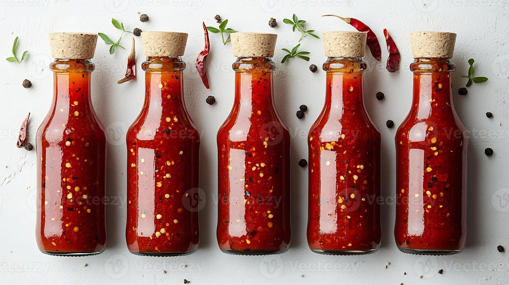 Hot spicy red pepper sauce in a glass bottle standing on a pristine white background photo