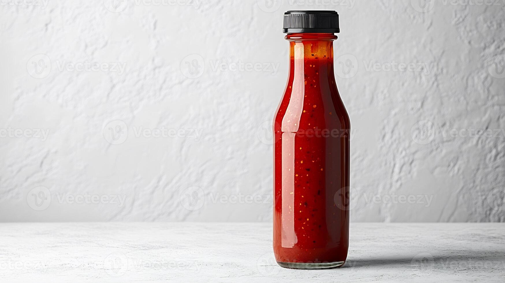 Hot spicy red pepper sauce in a glass bottle standing on a pristine white background photo