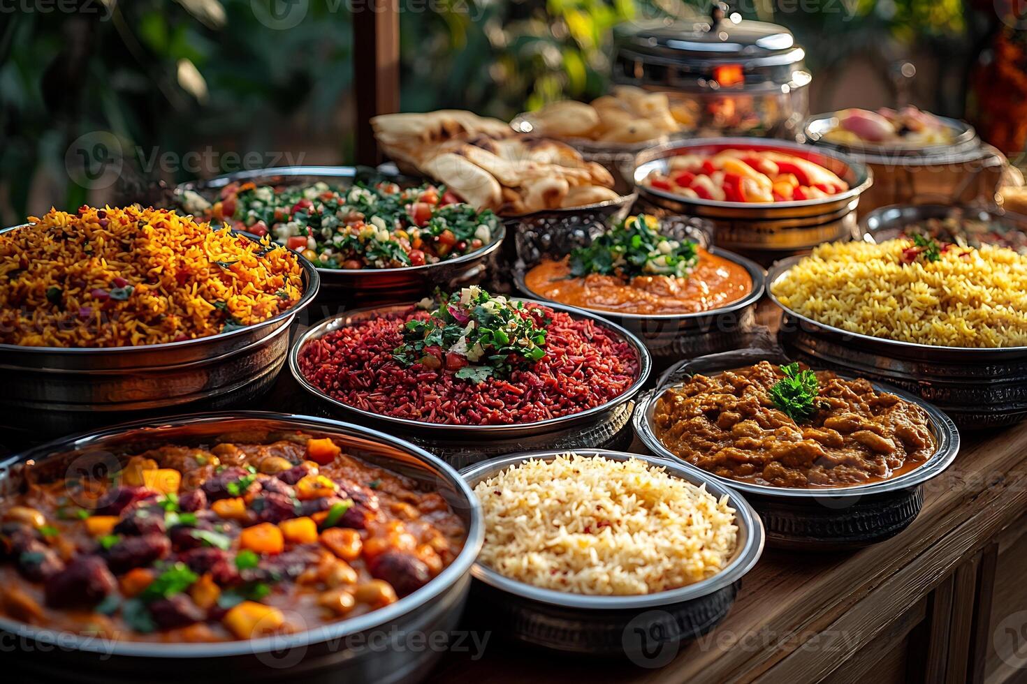 Indian wedding feast luxurious dishes including biryani curries naan and rich desserts like kheer photo