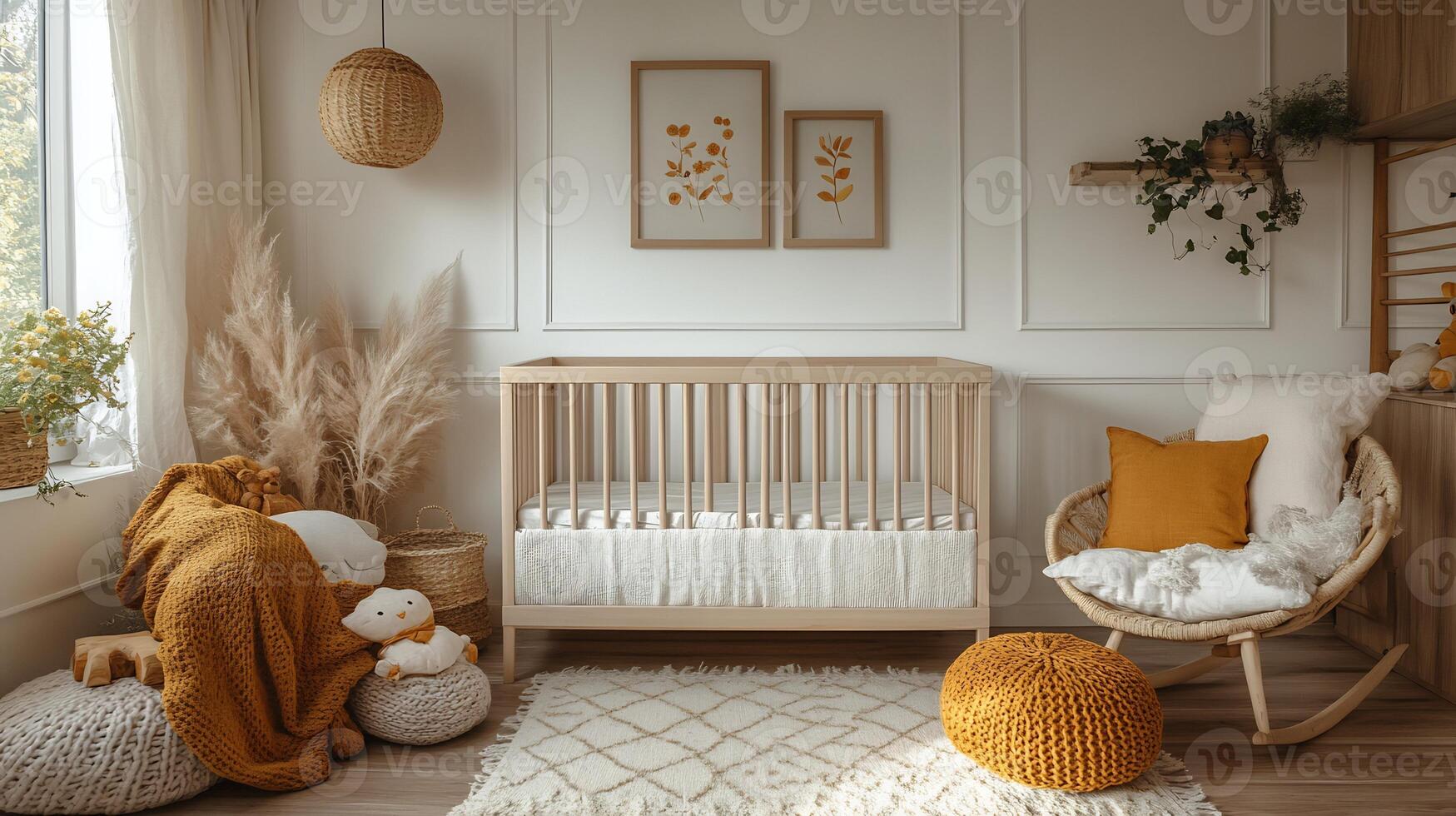 Minimalist childrens bedroom white walls wooden crib and Scandinavian decor featuring retro art and toys photo