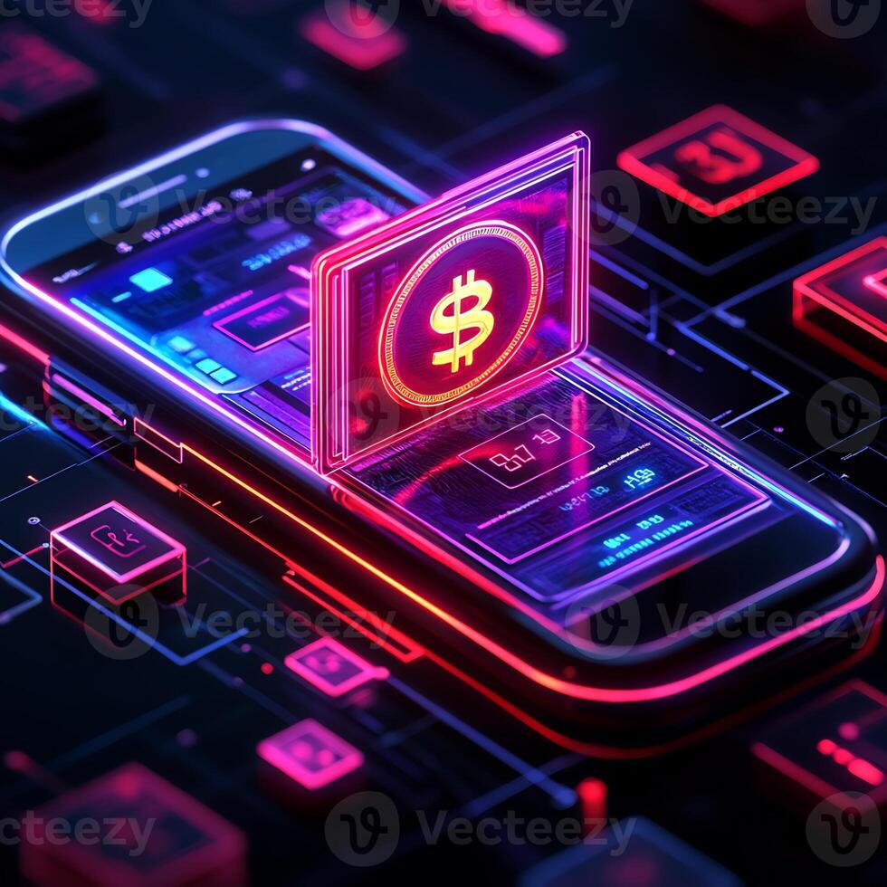 Mobile phone displaying digital wallet with vibrant currency icons financial transaction technology and online banking graphics Futuristic ebusiness innovation photo